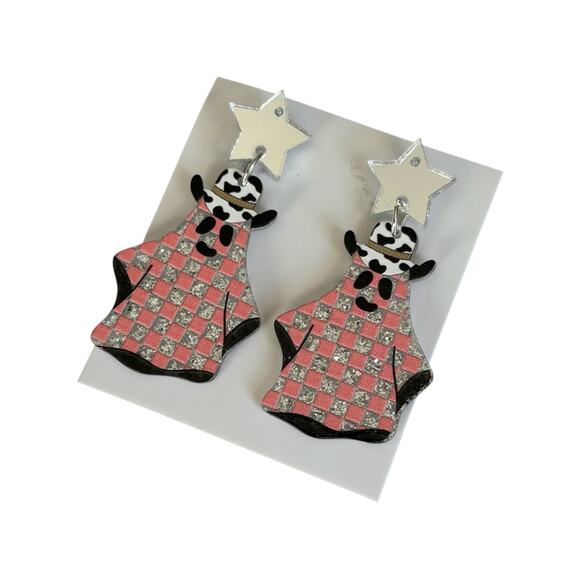 Acrylic Cowboy Hat Ghost Glitter Checkered Print Festive Halloween Earrings - Picture 1 of 4